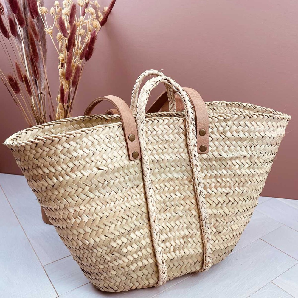 Panier en palmier à porter avec anses cuir ou pour tout ranger