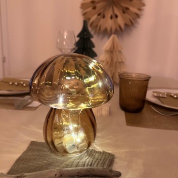 Lampe décorative champi verre strié ambré LED à piles