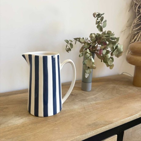 Pichet, carafe ou vase à rayures bleues et blanches
