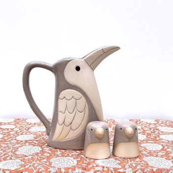 Pichet, carafe oiseau en grès beige 2