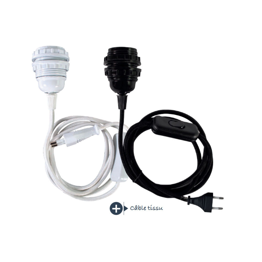 Câble blanc L. 150 cm avec interrupteur, fiche et douille E14